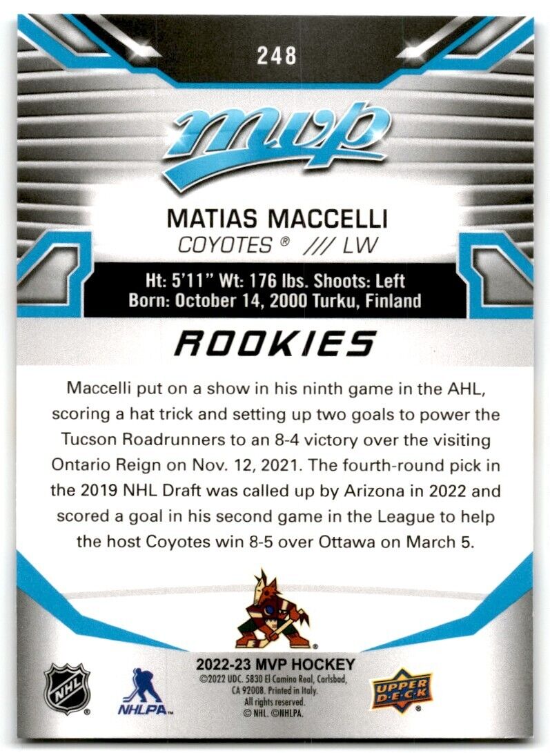 2022-23 Upper Deck MVP Matias Maccelli Rookie Arizona Coyotes #248