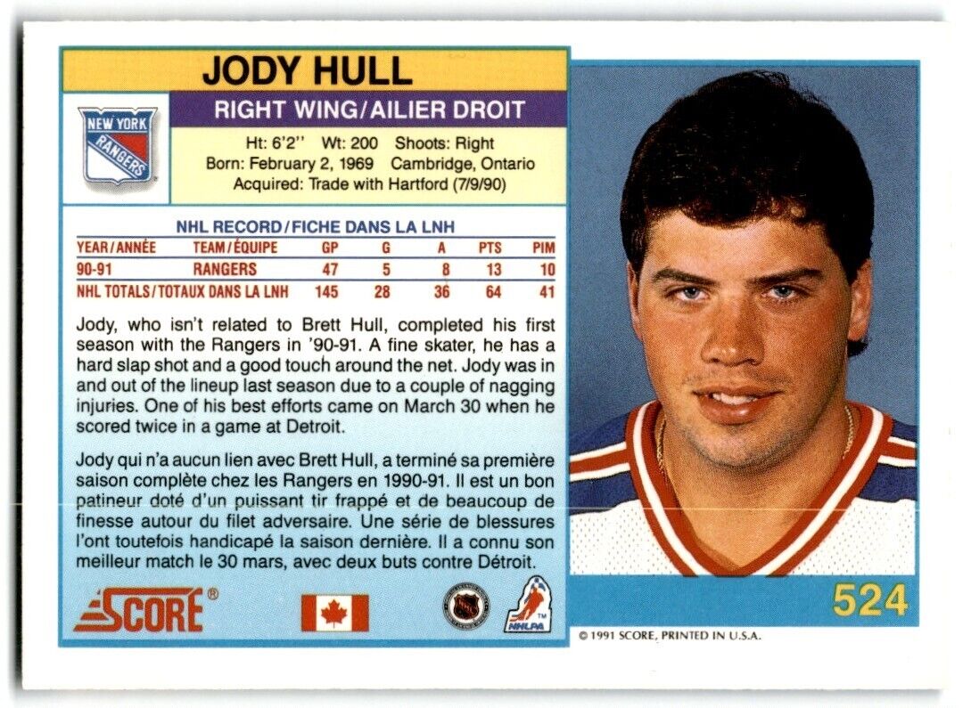 1991-92 Score Canadian Jody Hull New York Rangers #524