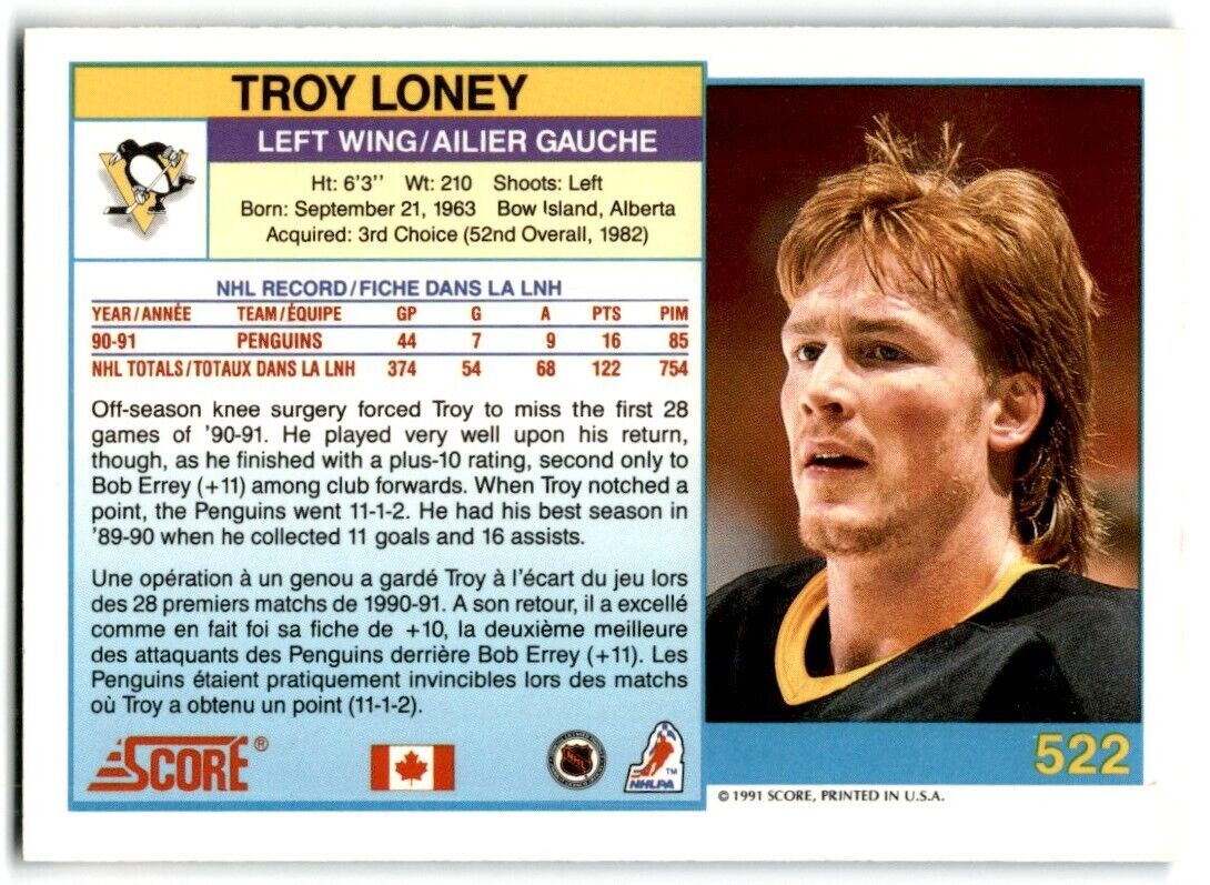 1991-92 Score Canadian Troy Loney Pittsburgh Penguins #522