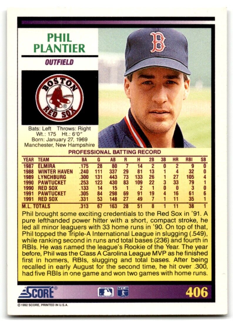 1992 Score Phil Plantier Boston Red Sox #406