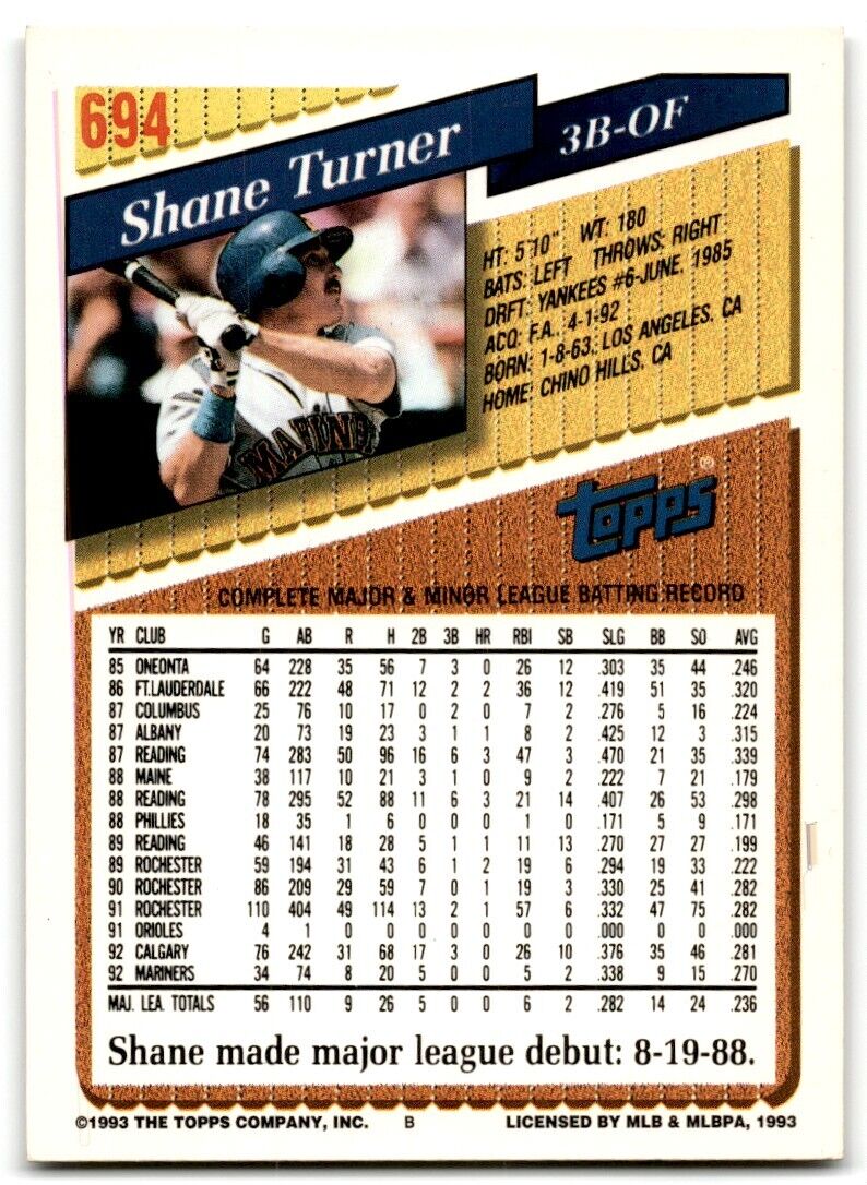 1993 Topps Shane Turner Seattle Mariners #694