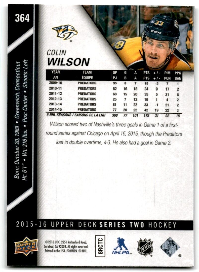 2015-16 Upper Deck Colin Wilson Nashville Predators #364