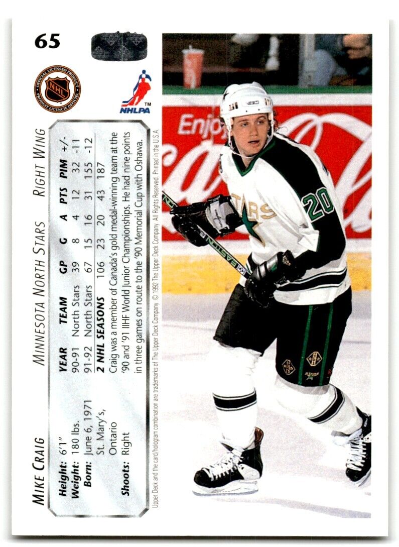 1992-93 Upper Deck Mike Craig Minnesota North Stars #65