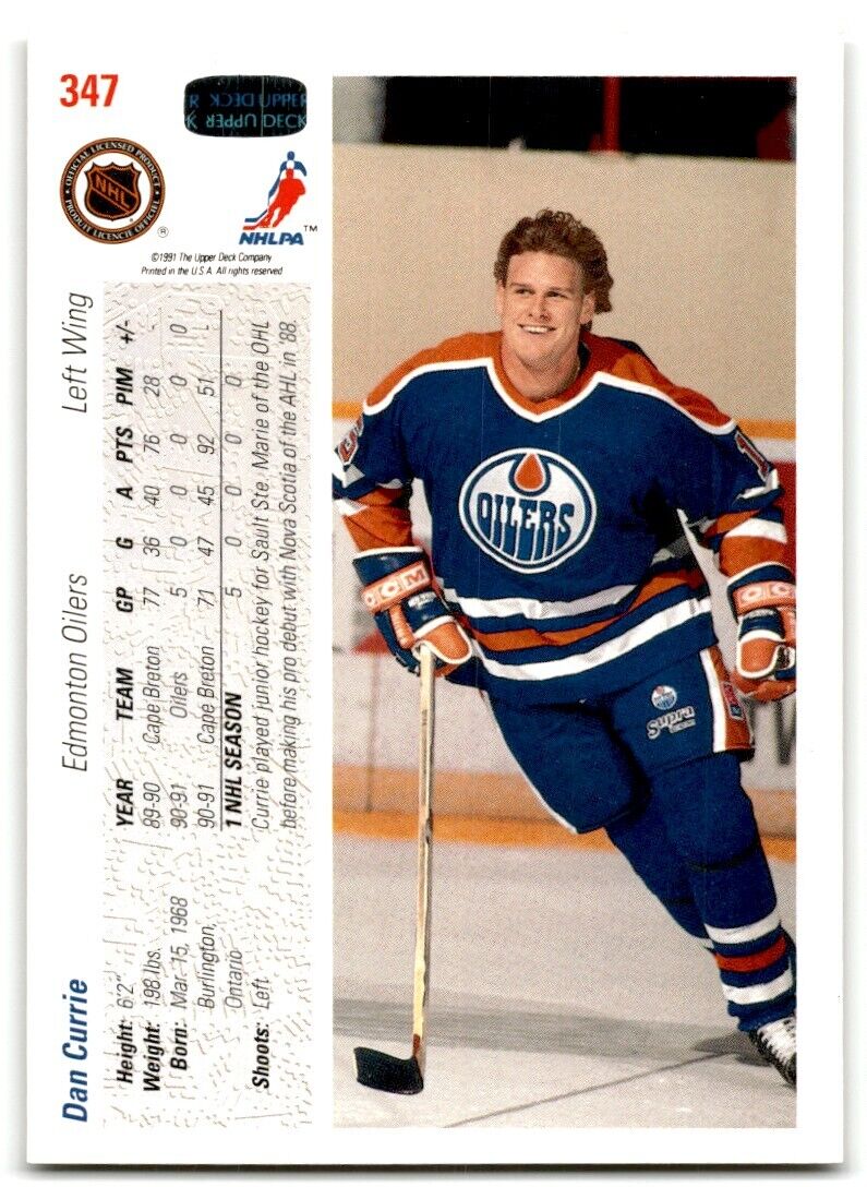 1991-92 Upper Deck Dan Currie Rookie Edmonton Oilers #347A