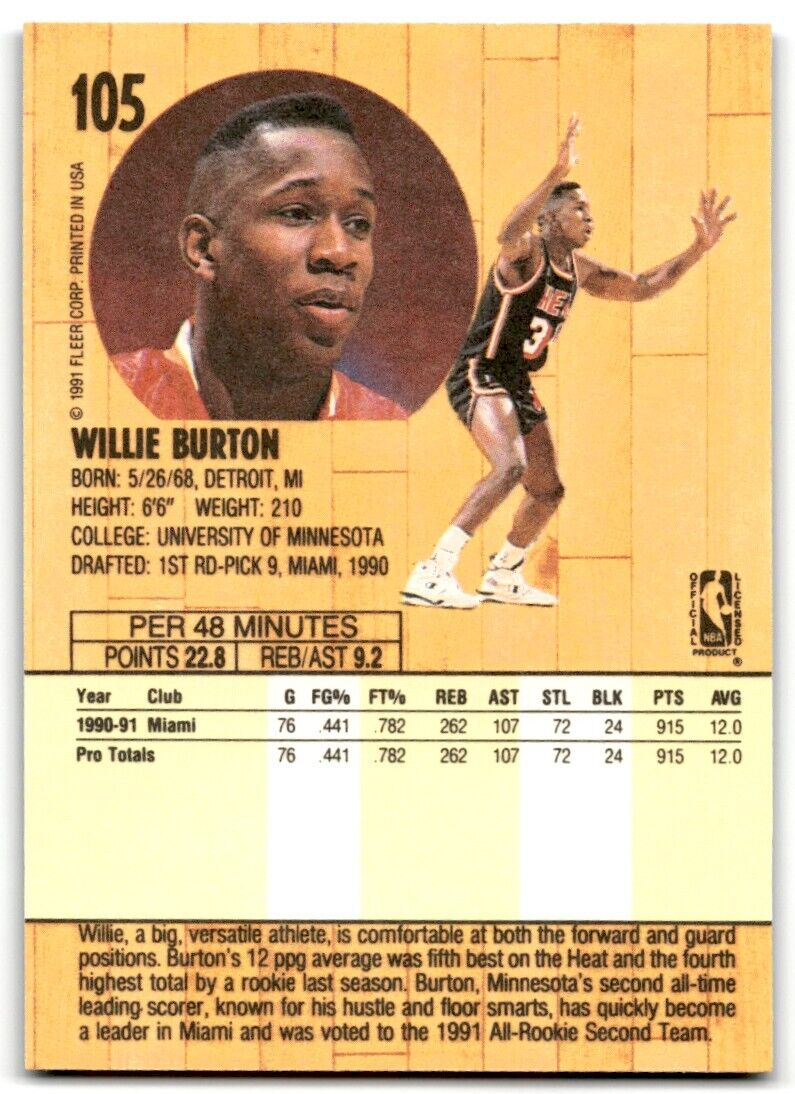 1991-92 Fleer Willie Burton Miami Heat #105