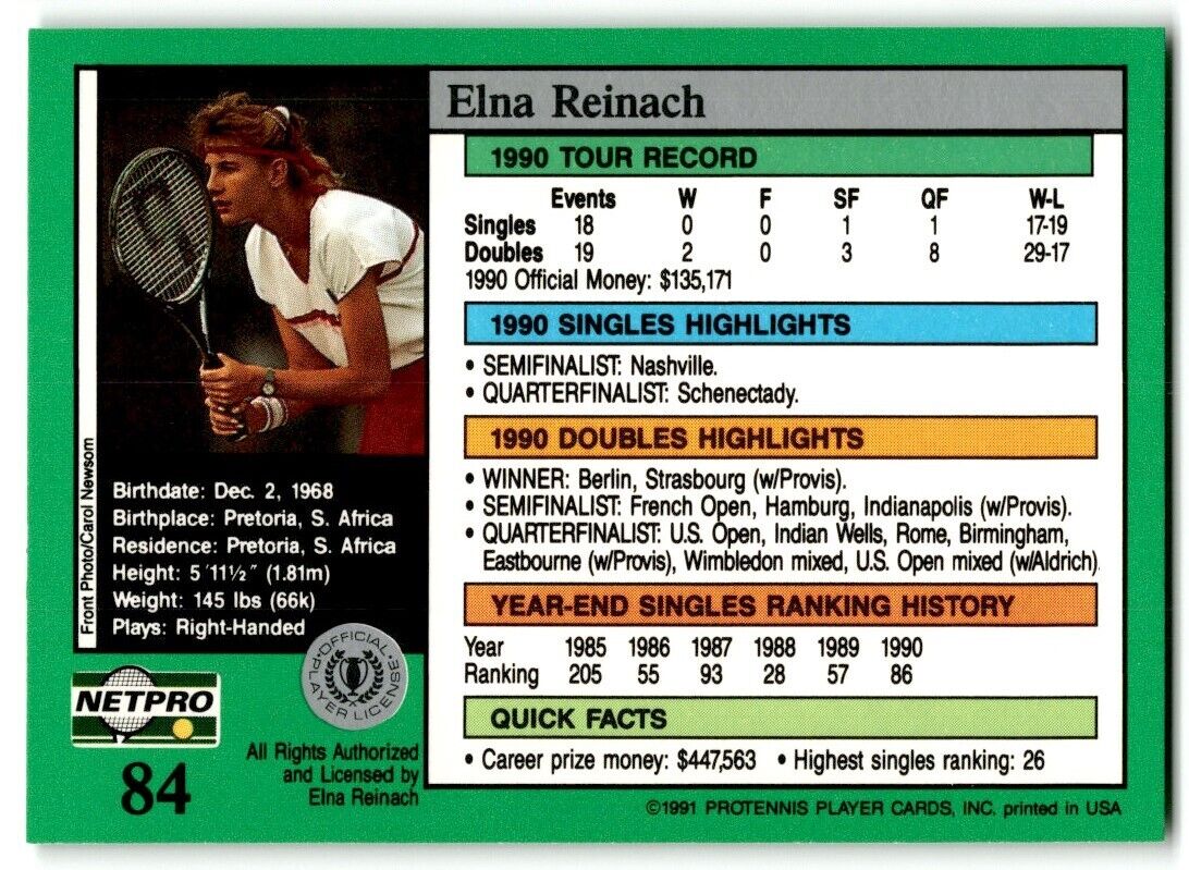 1991 Protennis player Cards Netpro Tour Star Elna Reinach #84