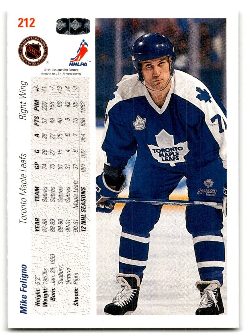 1991-92 Upper Deck Mike Foligno Toronto Maple Leafs #212