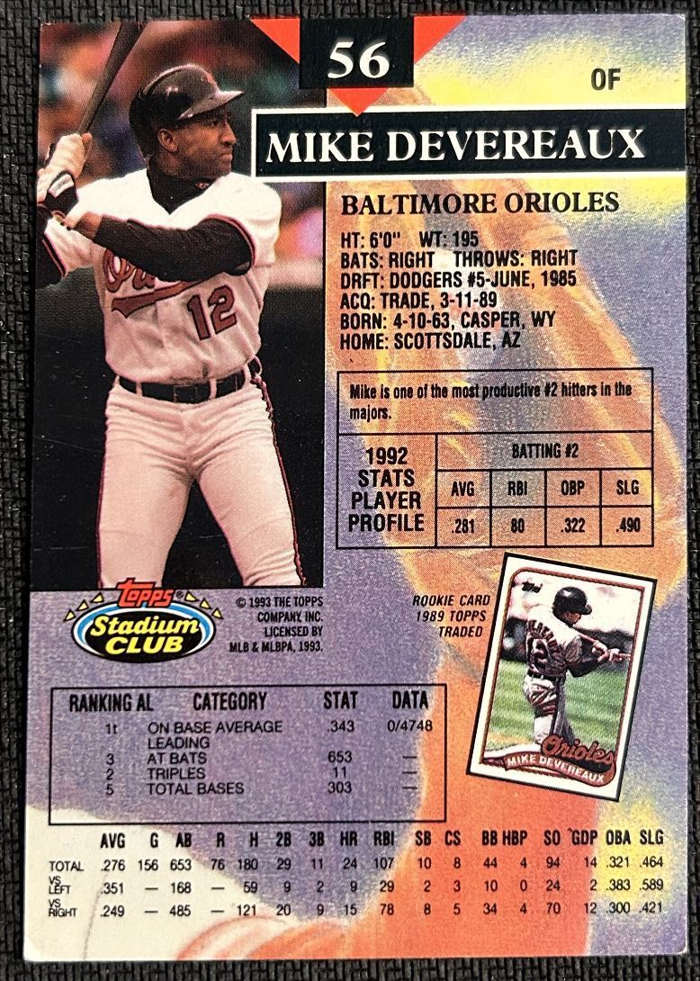 1993 Topps Stadium Club Mike Devereaux Baltimore Orioles #56