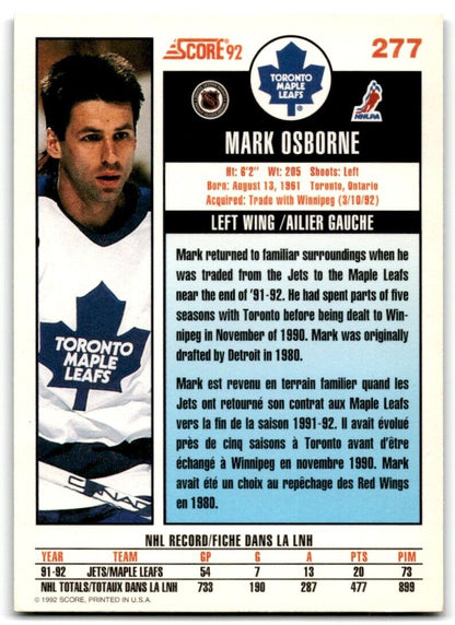 1992-93 Score Mark Osborne Toronto Maple Leafs #277