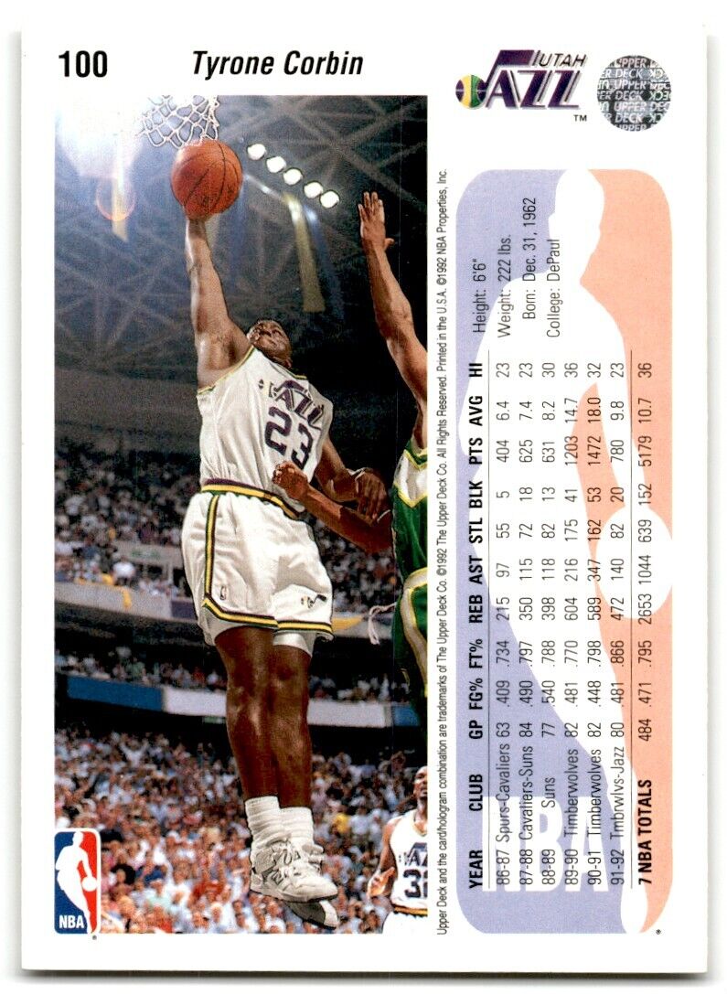 1992-93 Upper Deck Tyrone Corbin Utah Jazz #100B