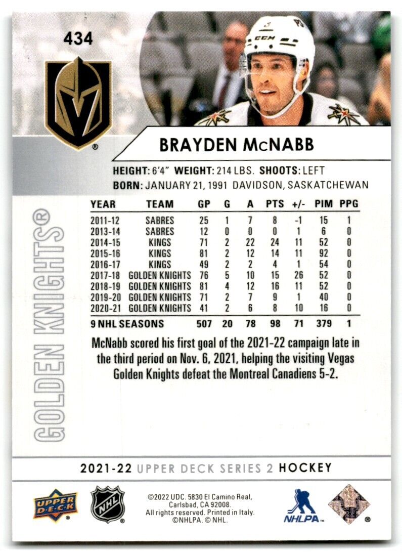 2021-22 Upper Deck Brayden McNabb Vegas Golden Knights #434