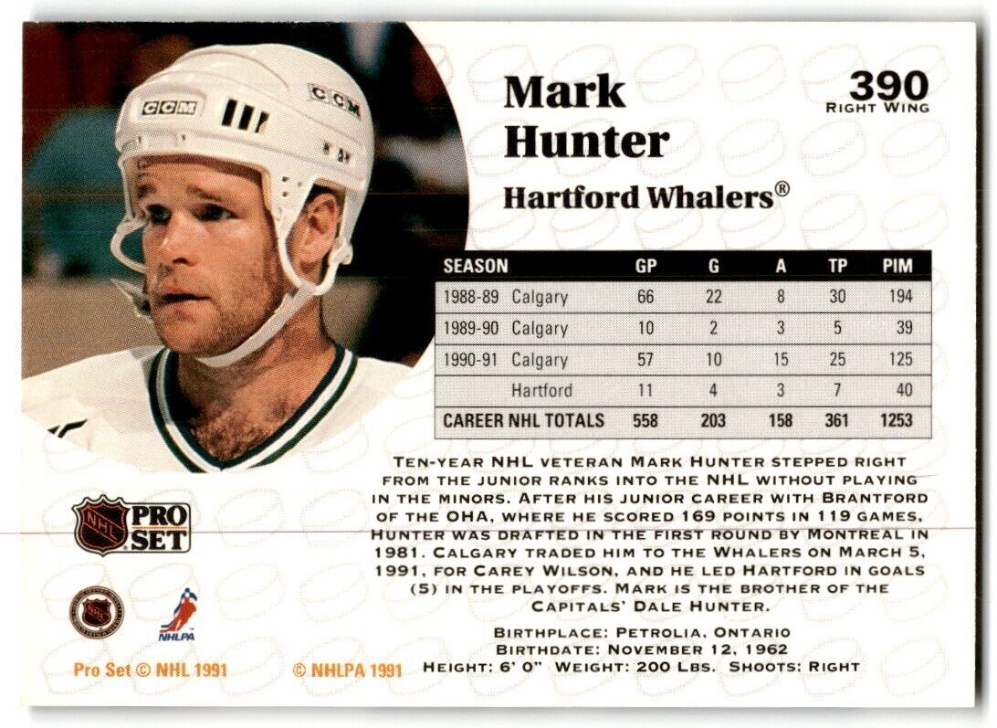 1991-92 Pro Set Mark Hunter Hartford Whalers #390