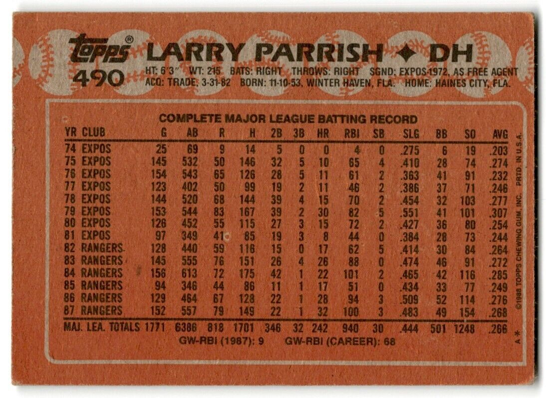 1988 Topps Larry Parrish Texas Rangers #490