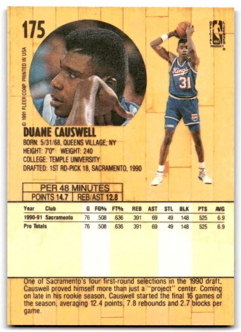 1991-92 Fleer Duane Causwell Rookie Sacramento Kings #175