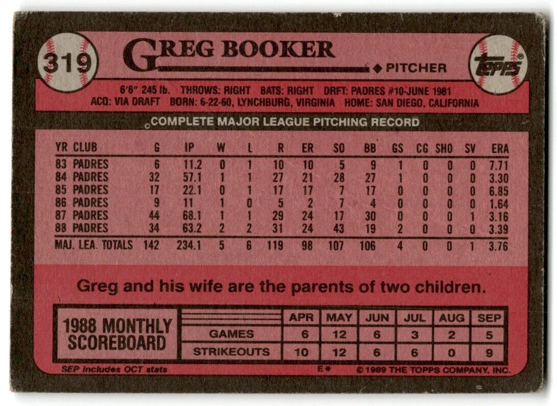 1989 Topps Greg Booker San Diego Padres #319