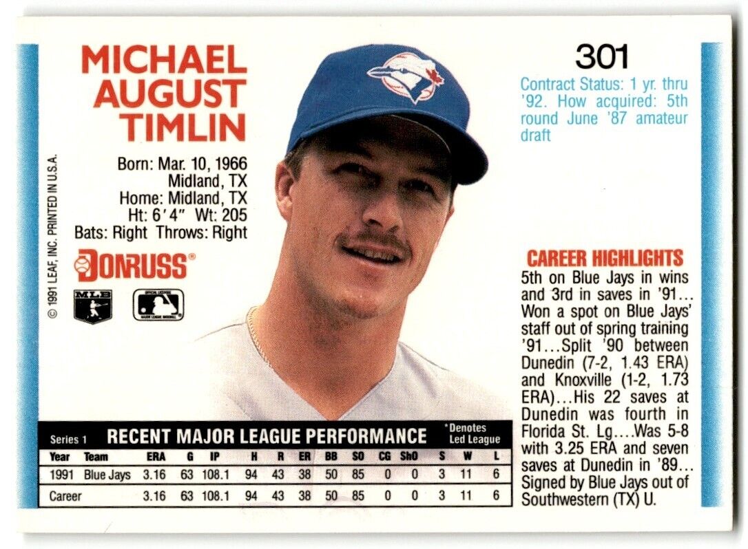 1992 Donruss Mike Timlin Toronto Blue Jays #301