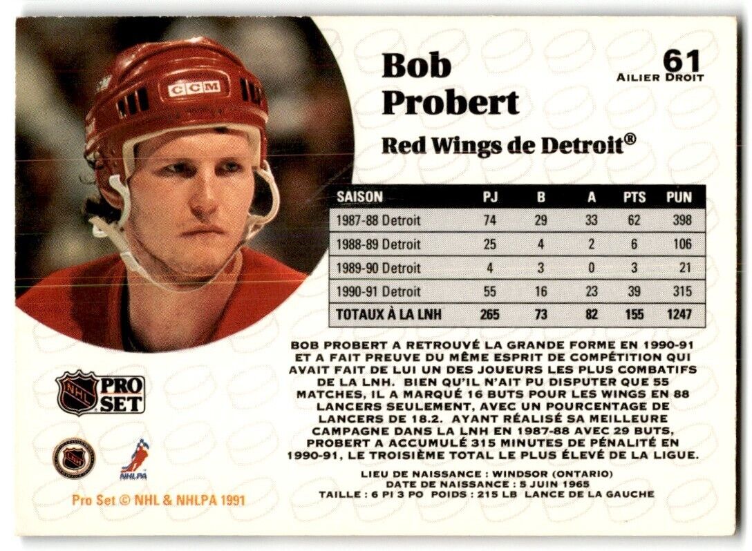 1991-92 Pro Set French Bob Probert Detroit Red Wings #61