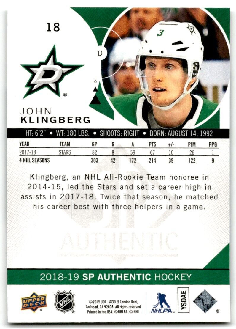 2018-19 SP Authentic John Klingberg Dallas Stars #18