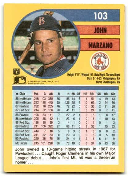 1991 Fleer John Marzano Boston Red Sox #103A