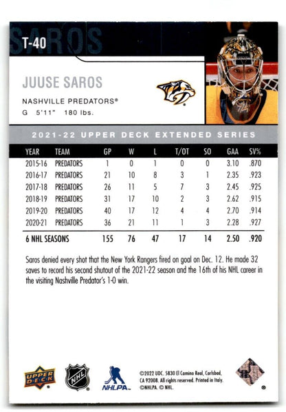 2021-22 Upper Deck Juuse Saros Nashville Predators #T-40