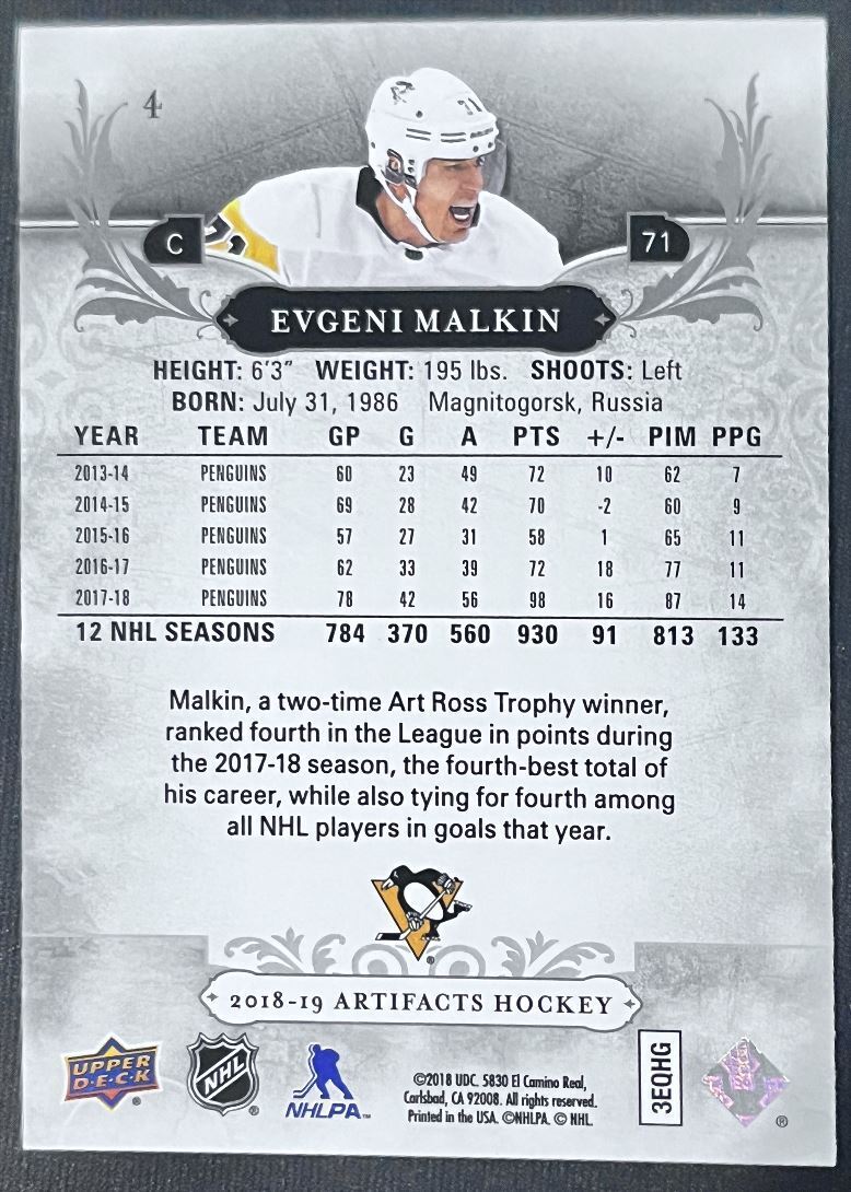 2018-19 Upper Deck Artifacts Evgeni Malkin Pittsburgh Penguins #4