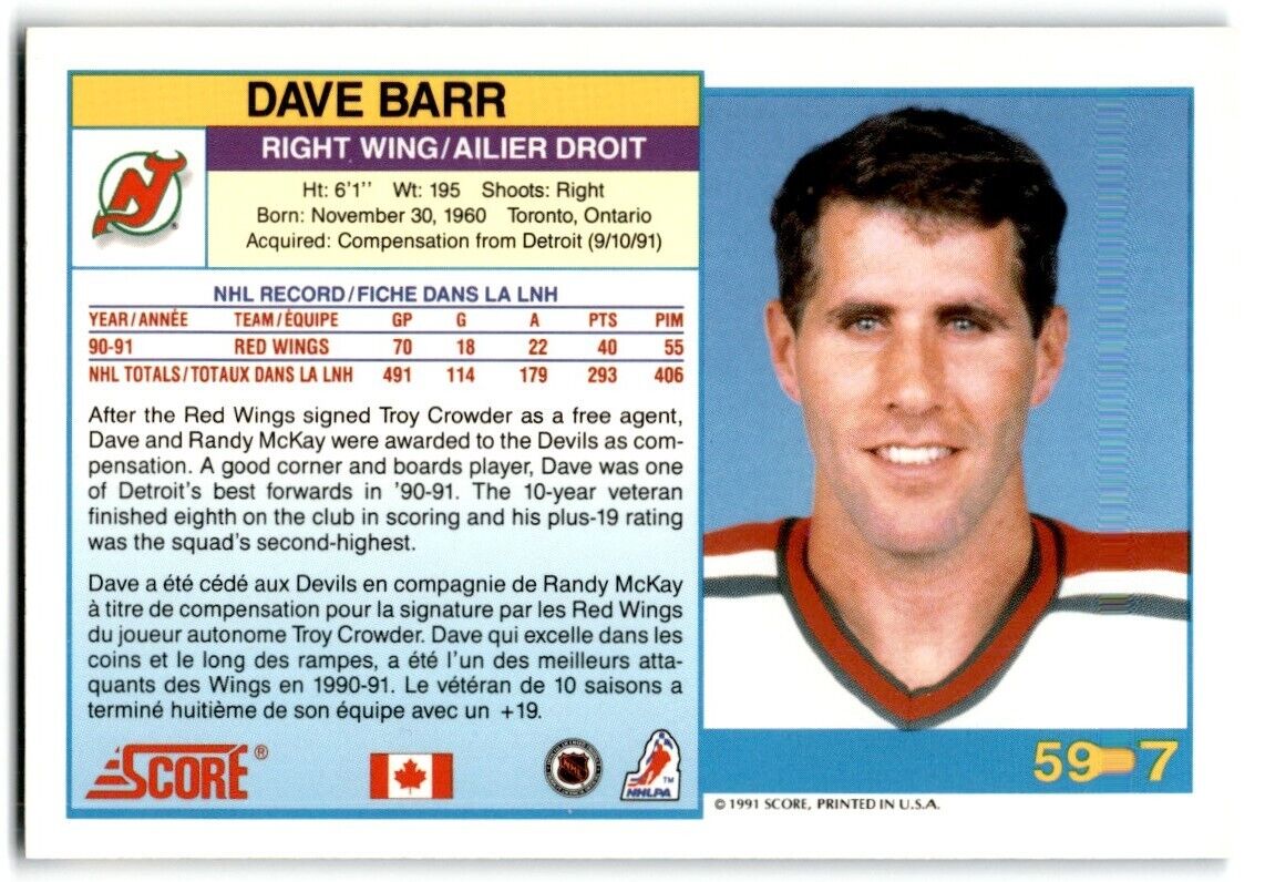 1991-92 Score Canadian Bilingual Dave Barr New Jersey Devils #597