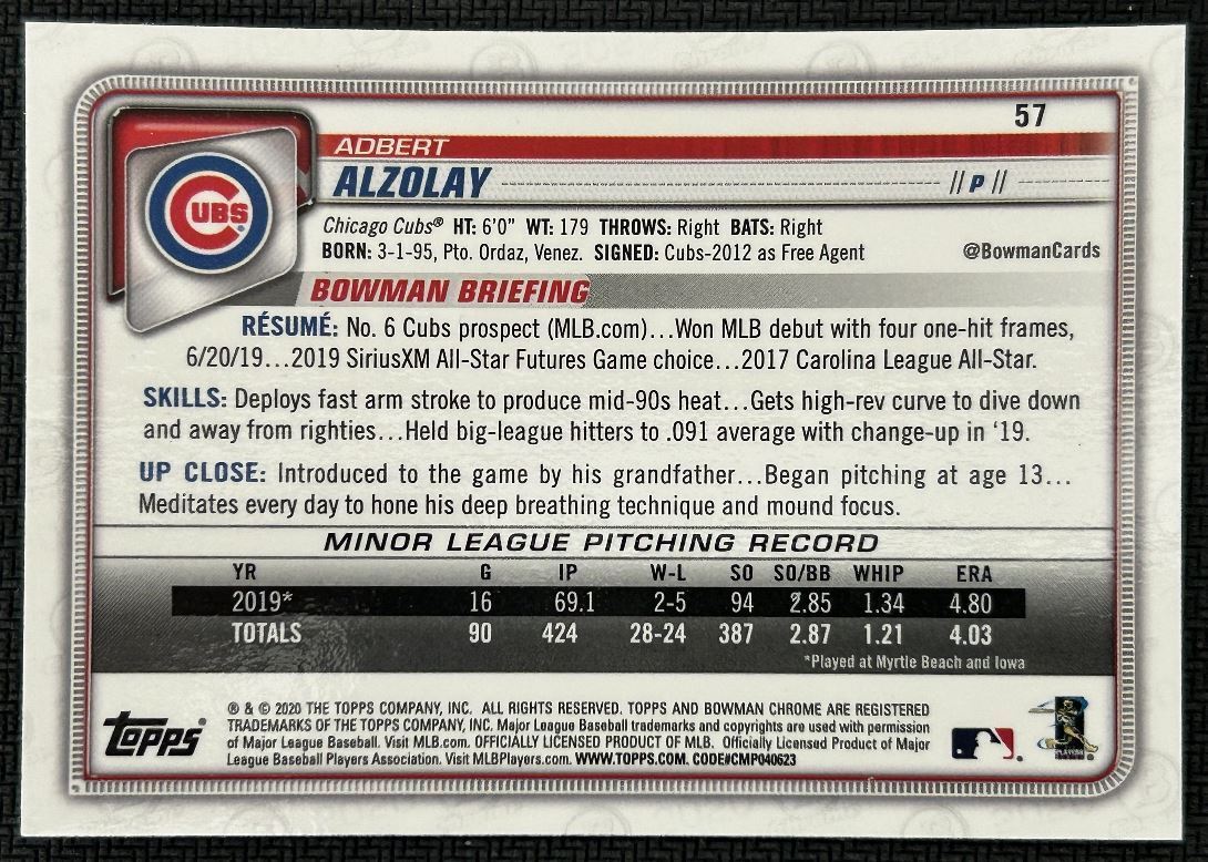 2020 Bowman Chrome Adbert Alzolay Rookie Chicago Cubs #57