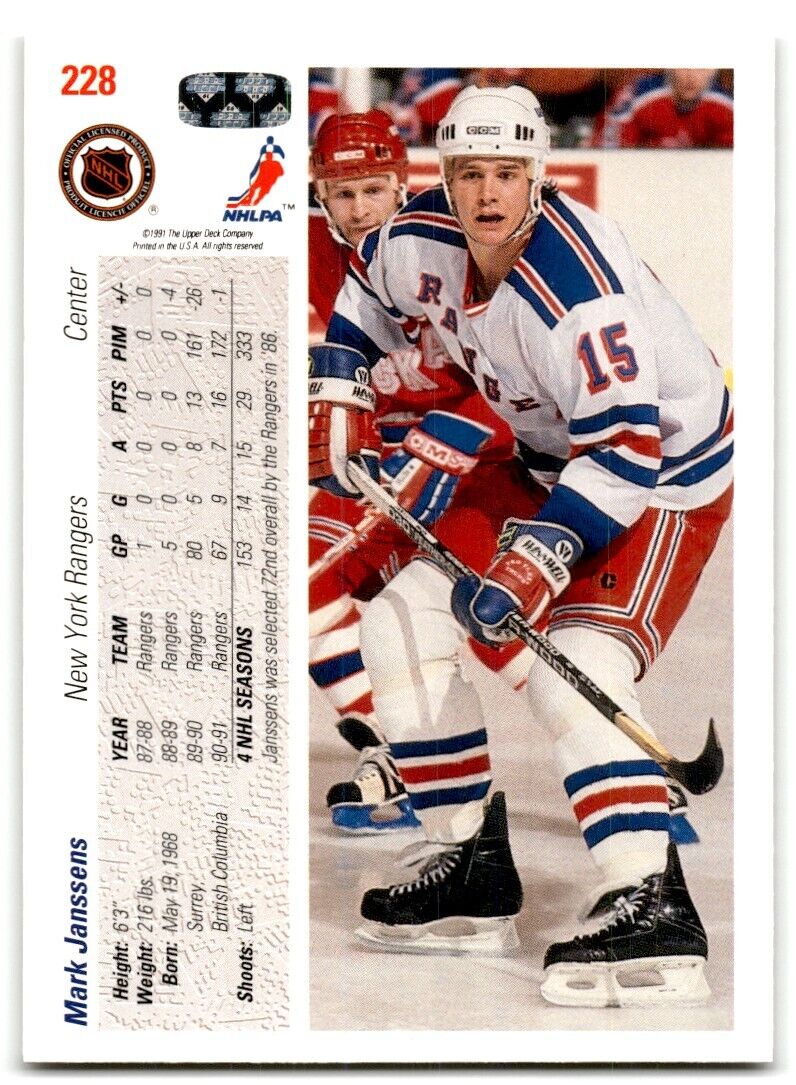 1991-92 Upper Deck Mark Janssens New York Rangers #228B