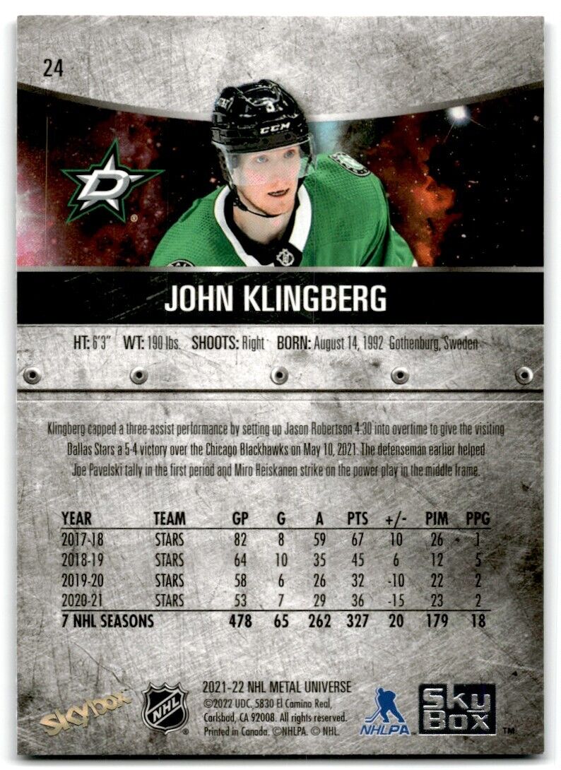 2021-22 Skybox Metal Universe John Klingberg Dallas Stars #24