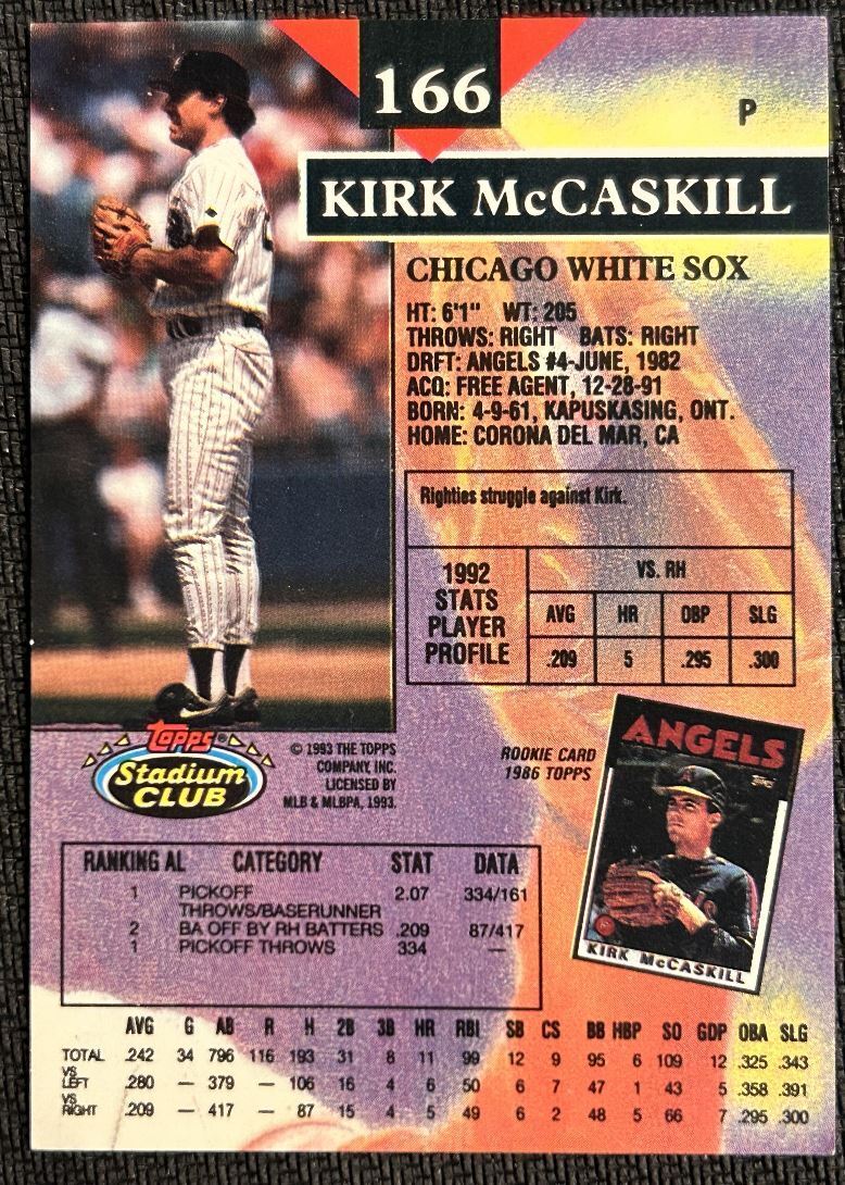 1993 Stadium Club Kirk McCaskill Chicago White Sox #166