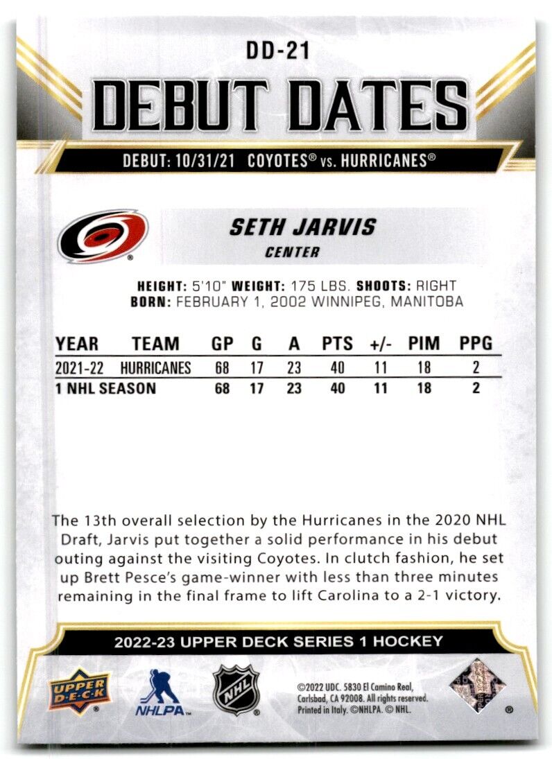 2022-23 Upper Deck Debut Dates Seth Jarvis Carolina Hurricanes #DD-21