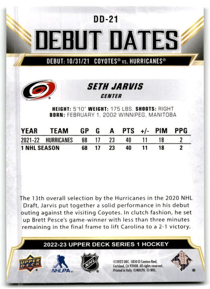 2022-23 Upper Deck Debut Dates Seth Jarvis Carolina Hurricanes #DD-21