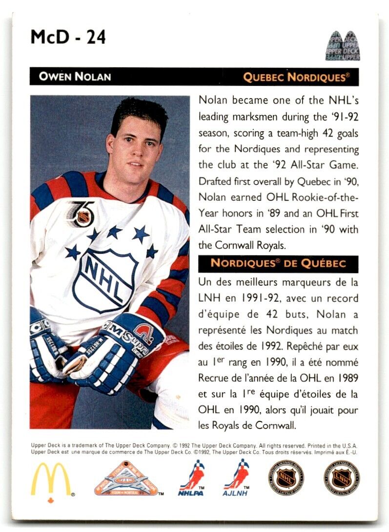 1992-93 Upper Deck McDonald's All-Stars Owen Nolan Quebec Nordiques #MCD-24