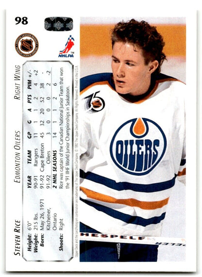 1992-93 Upper Deck Steven Rice Edmonton Oilers #98