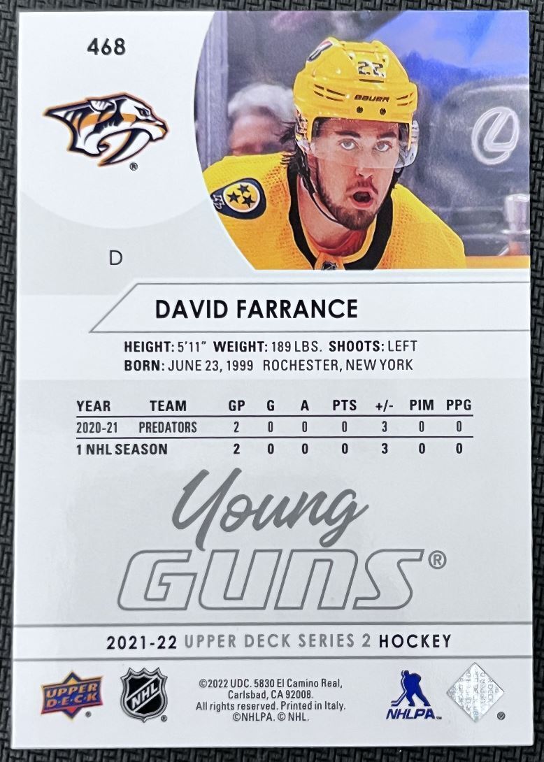 2021-22 Upper Deck David Farrance Rookie Nashville Predators #468