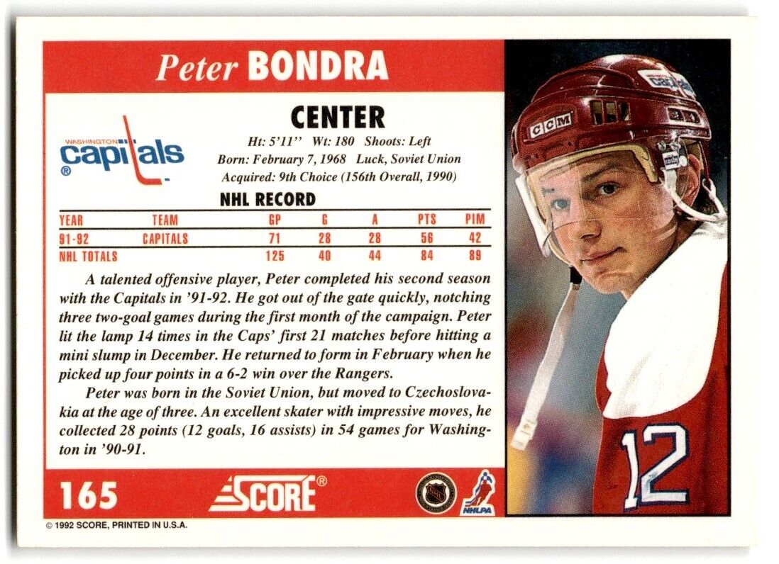 1992-93 Score Peter Bondra Washington Capitals #165