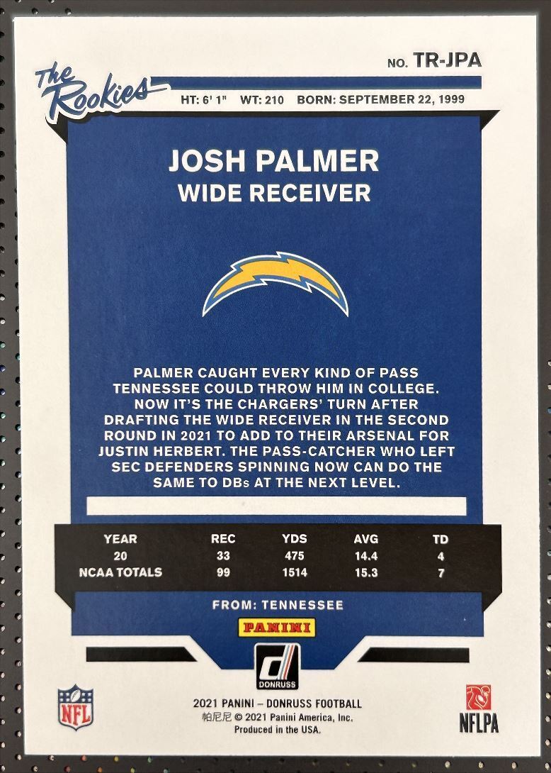 2021 Donruss The Rookies Josh Palmer Rookie Los Angeles Chargers #TR-TMA