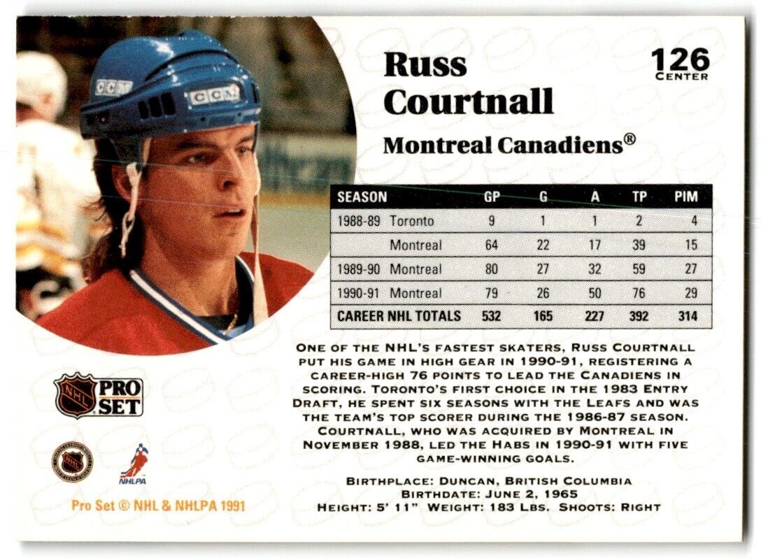 1991-92 Pro Set Russ Courtnall Montreal Canadiens #126