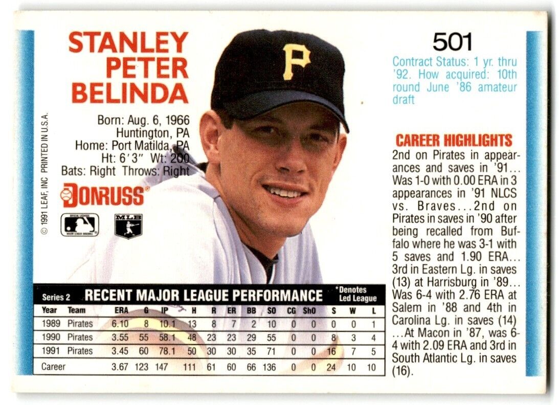 1992 Donruss Stan Belinda Pittsburgh Pirates #501