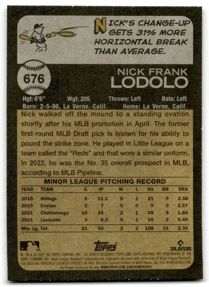 2022 Topps Heritage Nick Lodolo Rookie Cincinnati Reds #676