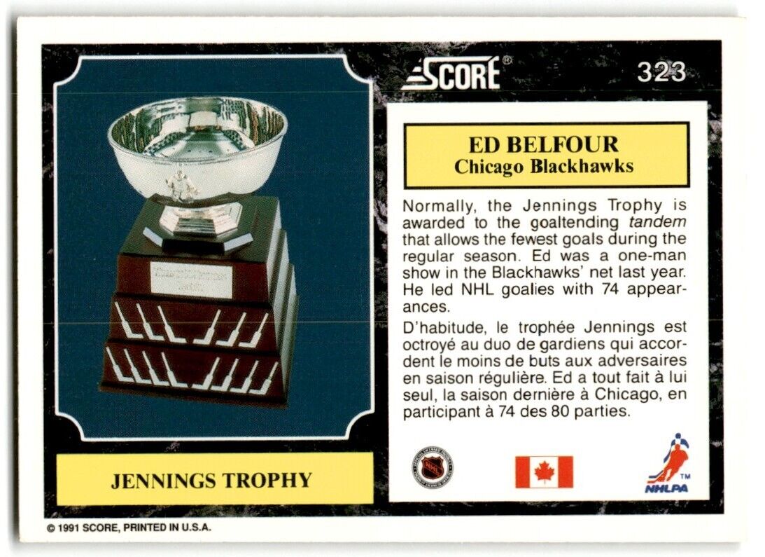 1991-92 Score Canadian Ed Belfour (Jennings Trophy) Chicago Blackhawks #323