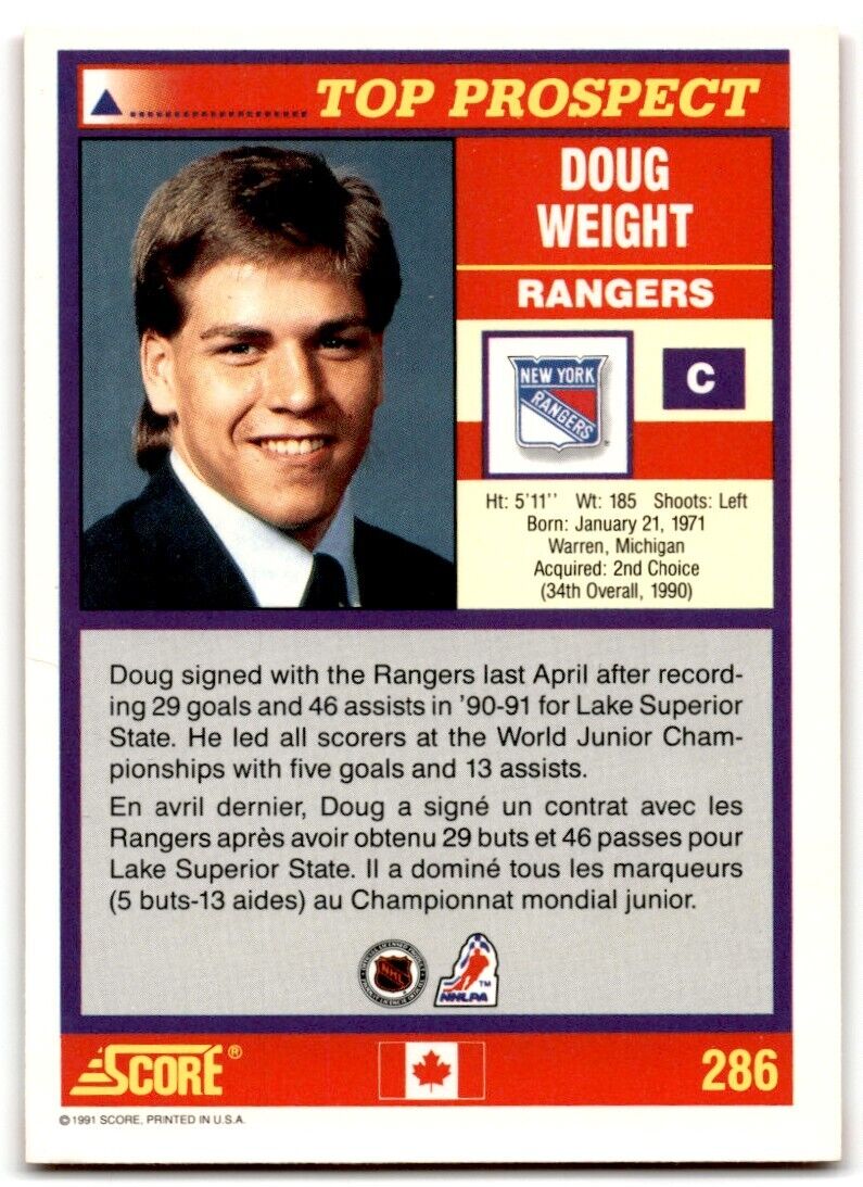 1991-92 Score Canadian Bilingual Doug Weight Rookie New York Rangers #286