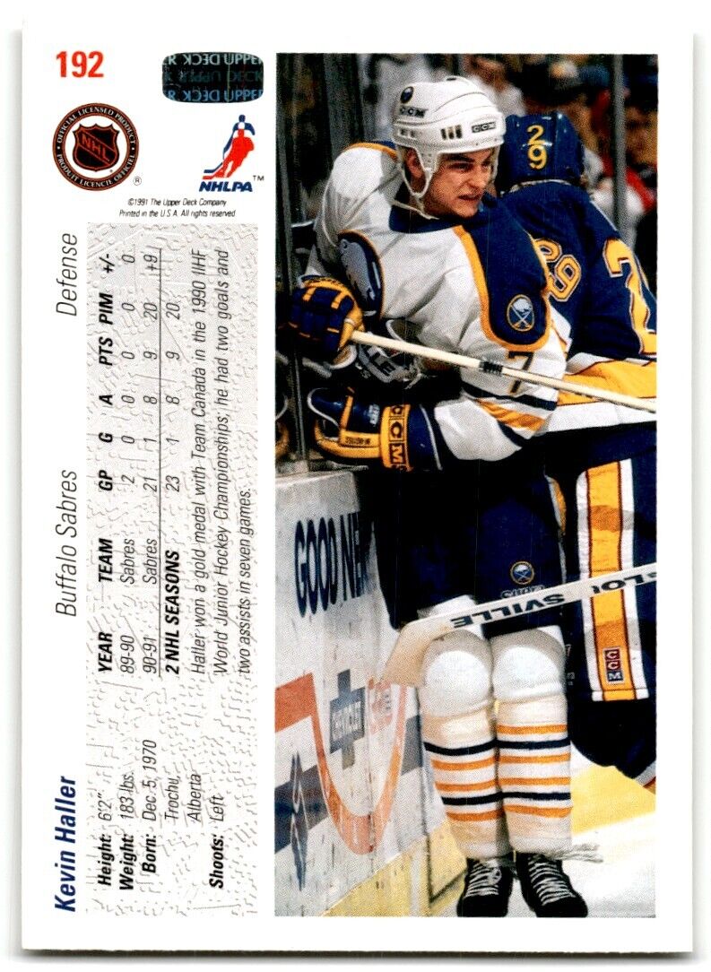 1991-92 Upper Deck Kevin Haller Rookie Buffalo Sabres #192