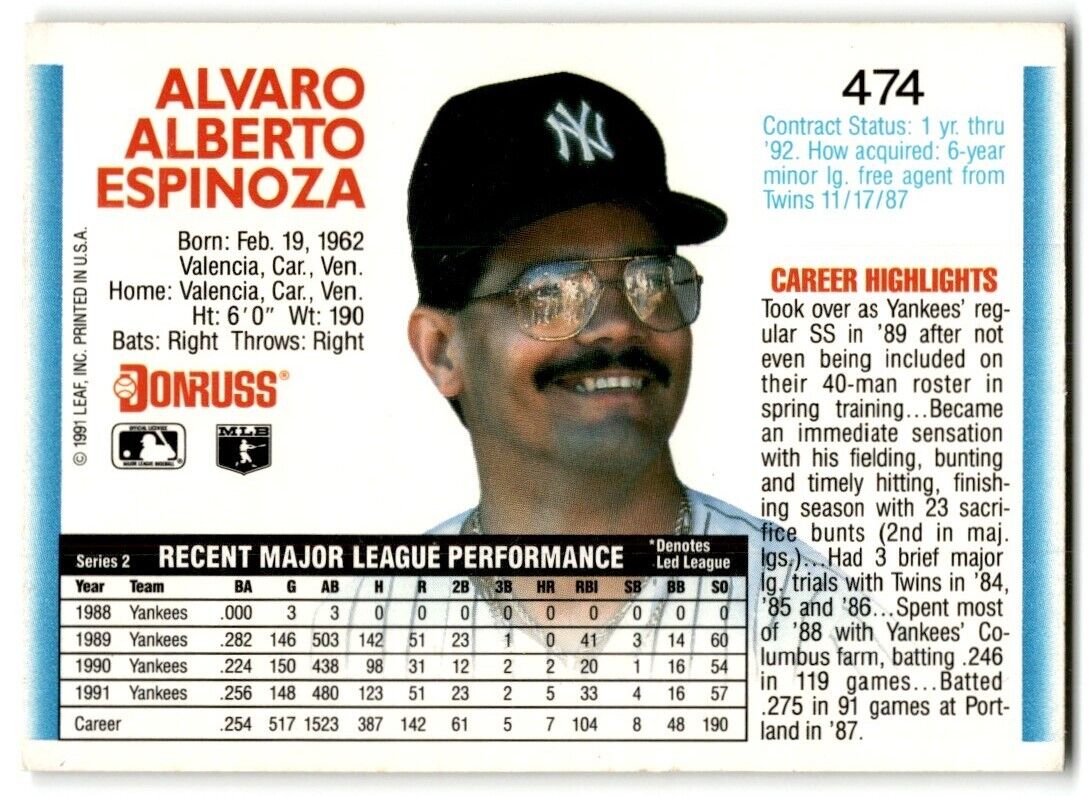 1992 Donruss Alvaro Espinoza New York Yankees #474