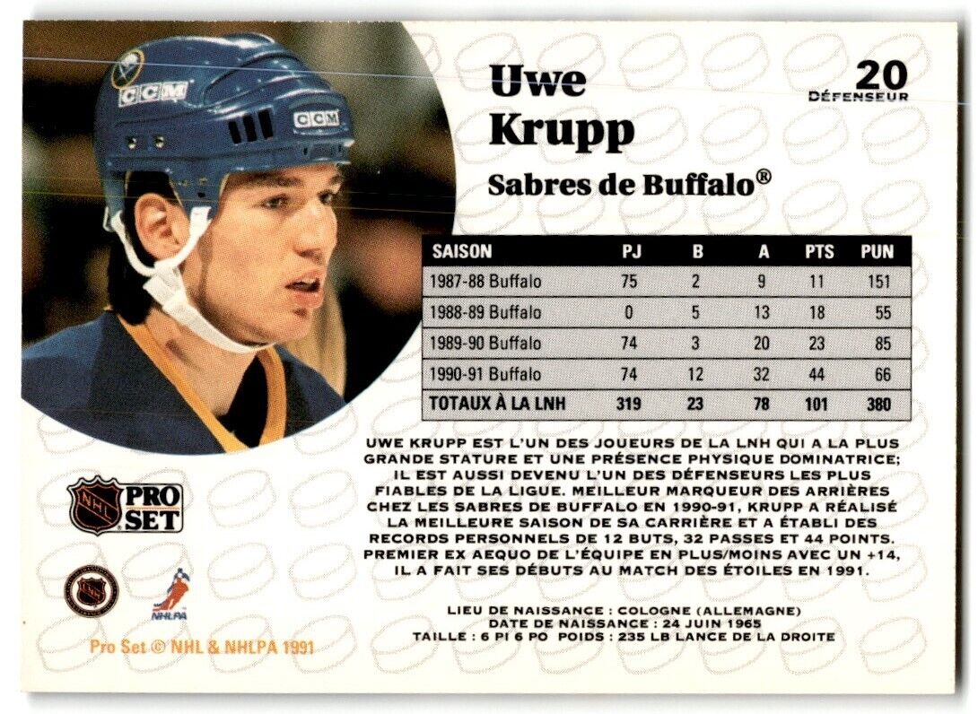 1991-92 Pro Set Uwe Krupp Buffalo Sabres #20