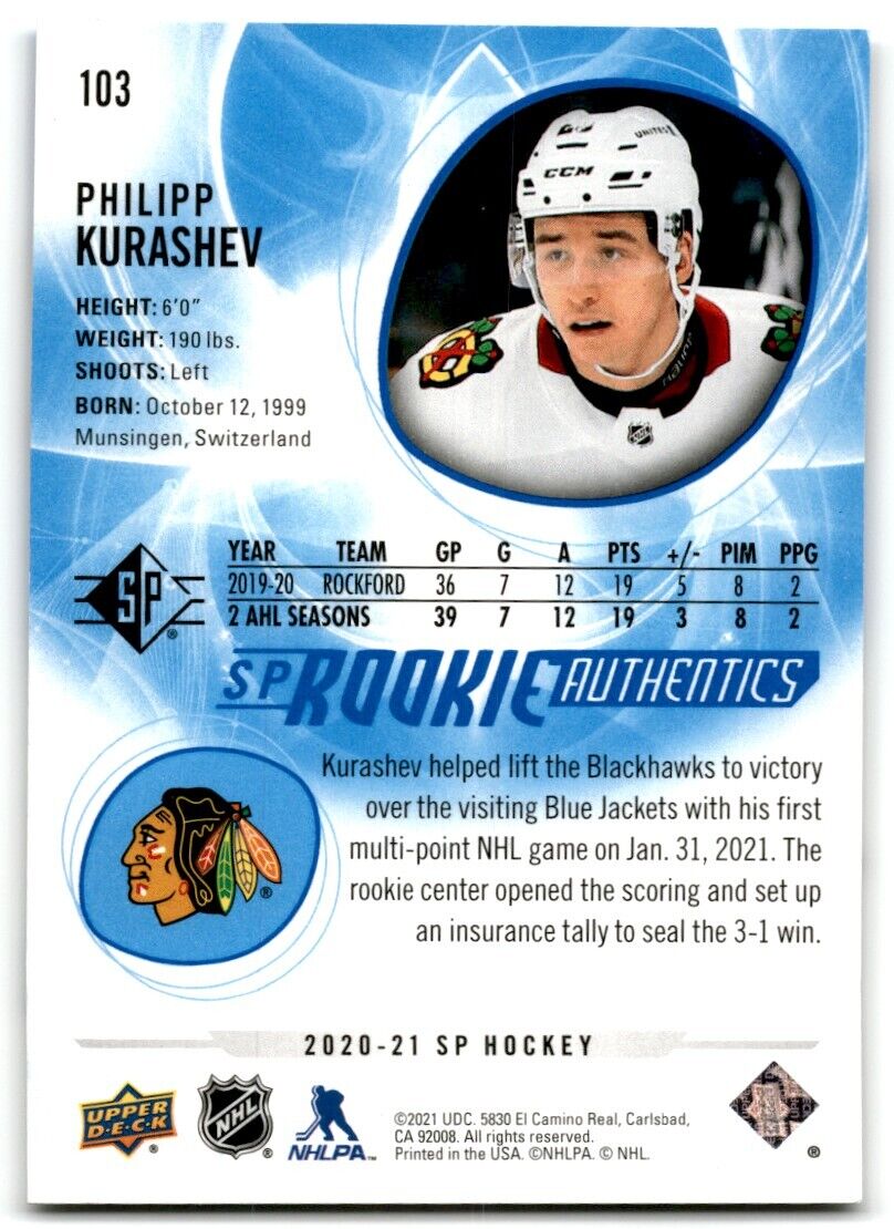 2020-21 Upper Deck Rookie SP Authentic Philipp Kurashev Rookie Chicago