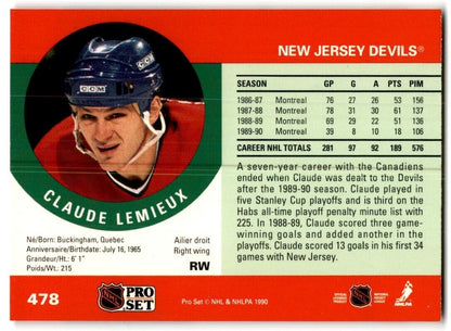 1990-91 Pro Set Claude Lemieux New Jersey Devils #478