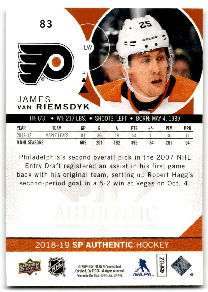 2018-19 SP Authentic James van Riemsdyk Philadelphia Flyers #83