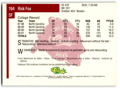 1991-92 Classic Rick Fox Rookie North Carolina Tar Heels #164