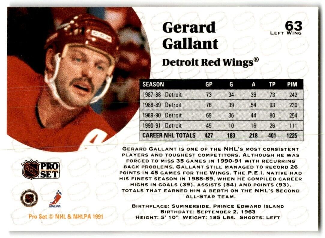 1991-92 Pro Set Gerard Gallant Detroit Red Wings #63